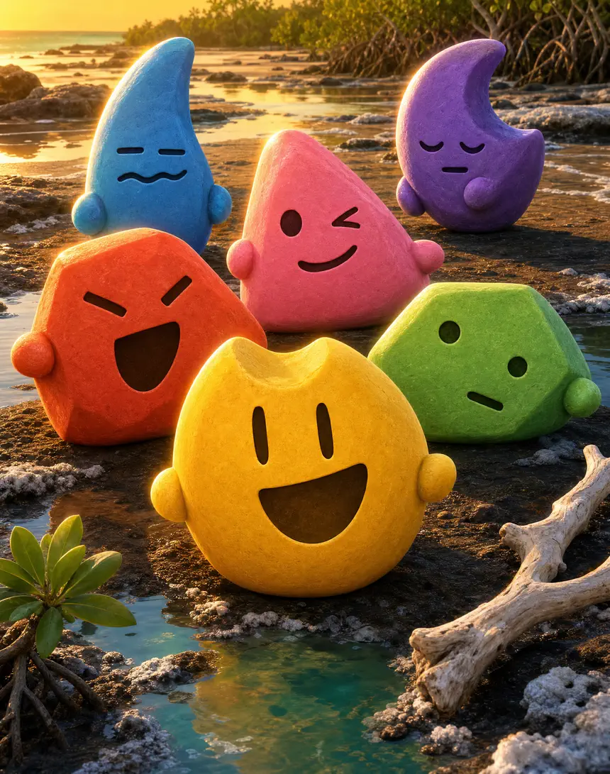 Les six Gemigos colorés réunis dans une flaque au soleil couchant.